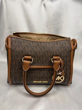 Michael Kors Brown & Tan Signature Logo Satchel with Gold Hardware